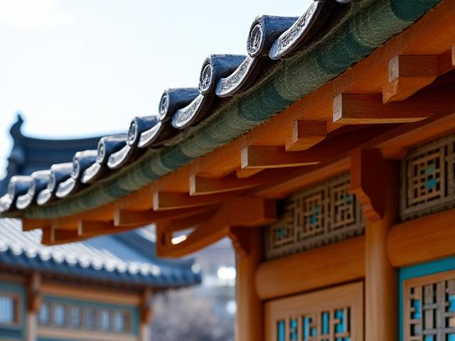 복원 중인 작은 한국 전통 건축물의 지붕과 기둥